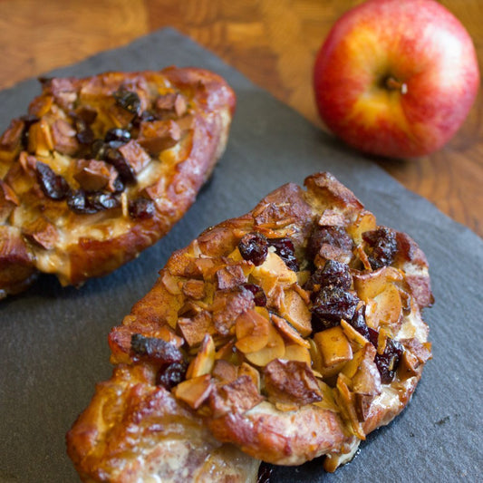 Smoked Pork Chops with Apple, Cranberry and Almond Stuffing